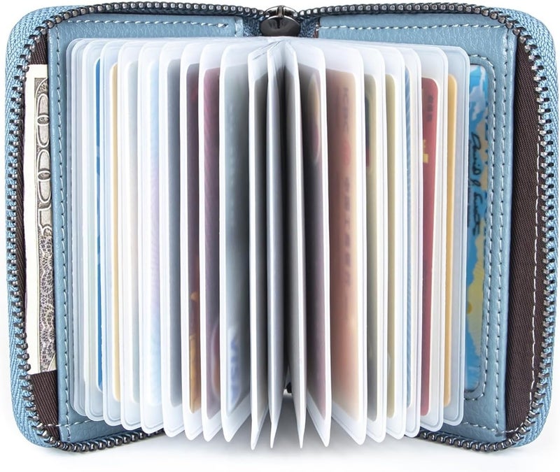 Suweibuke Genuine Leather Credit Card Holder Zipper Wallet RFID Blocking Secure Card Case ID Case Organizer (Light Blue) - Image 3